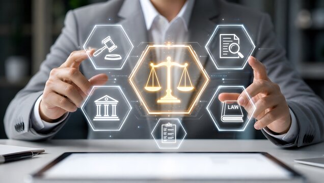 Legal professional interacting with digital interface of justice scales and law icons.