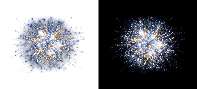 Exploding bright blue and gold fireworks bursting with sparkling light trails against a dark backdrop transparent background png