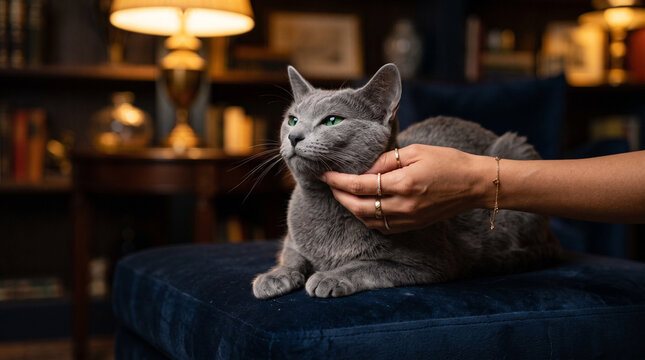 Gray Cat Enjoying Chin Scratch from Owner in Cozy Home