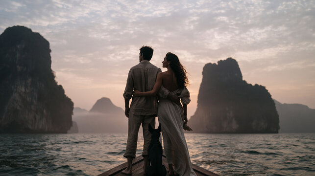 Romantic Couple with Dog on Boat Traveling Tropical Islands