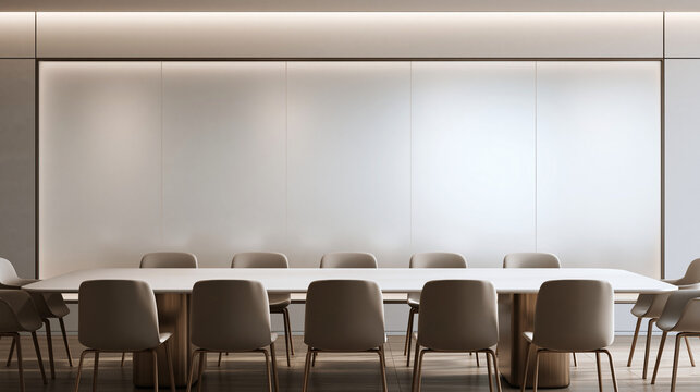 Modern Empty Conference Room with Large Table and Illuminated Wall