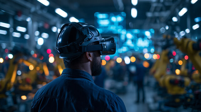 Engineer Wearing VR Headset in Automated Smart Factory