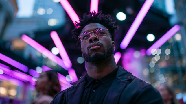 Young Black Man under Neon Lights in Cyberpunk City