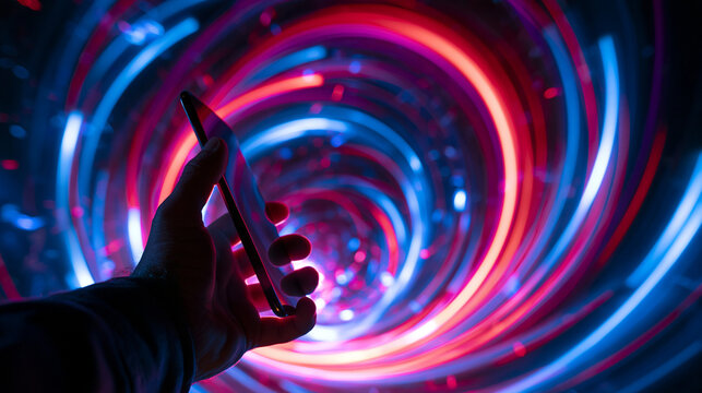 Hand Holding Smartphone in Futuristic Neon Light Tunnel Concept