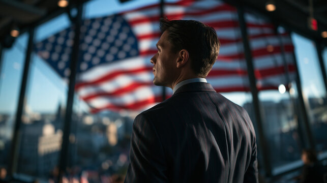 Executive Businessman Looking Out Window with American Flag Background