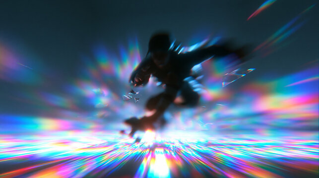 Skateboarder Performing Dynamic Trick with Prism Light Flare Effects