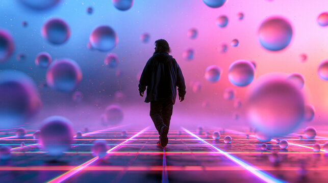 Man Walking Through Futuristic Metaverse Environment with Floating Spheres
