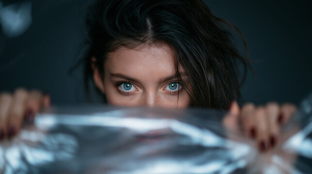 Young Woman Peeking Behind Plastic Sheet with Intense Gaze