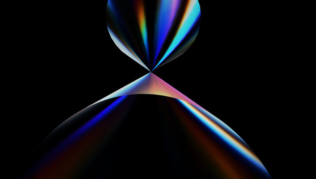 Holographic hourglass cone 3D render, iridescent rainbow light refraction shapes, dark futuristic geometric artwork.