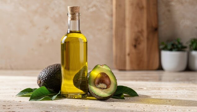 Pure avocado oil in a glass bottle with whole and halved avocado on a natural kitchen countertop. Healthy edible oil rich in unsaturated fats with copy space