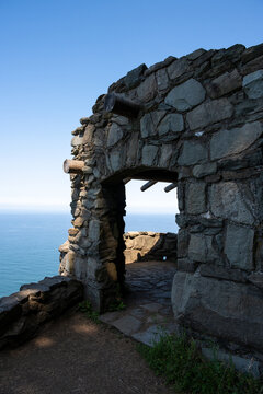 View of west shelter stone building on the Oregon coastline built by the Civilian Conservation Corps, CCC, Cape Perpetua Scenic Area, outdoor recreation
