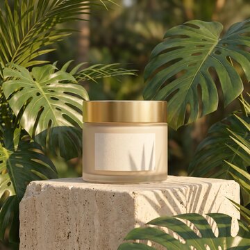Premium cosmetic cream container with tropical leaves