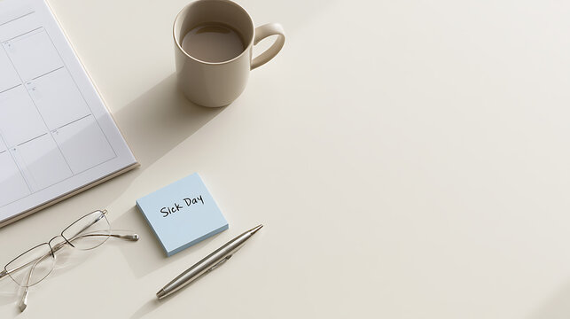 Overhead view of a "Sick Day" note on a blue sticky pad, with a pen, eyeglasses, planner, and coffee mug on a white desk