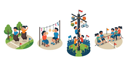 Fototapeta premium Set of illustrations depicting traditional Indonesian independence day celebration games and competitions.