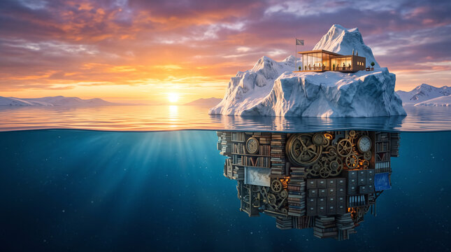 Iceberg with Hidden Underwater City Below Surface, Metaphor Concept at Sunset