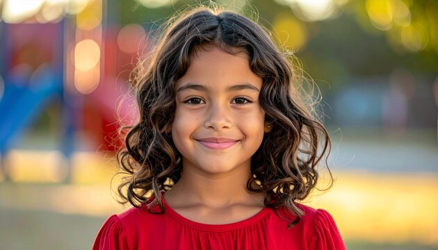 Portrait of happy hispanic girl smiling outdoors on playground