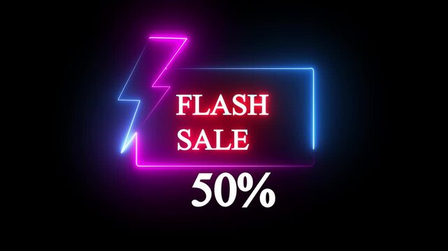 Blue and purple neon sign promoting a flash sale with a bold -50% discount. Perfect for showcasing digital marketing and e-commerce promotions.4k video Black Background