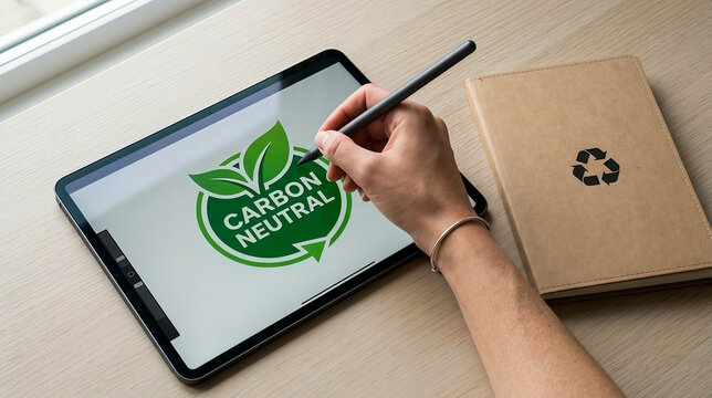 Graphic designer drawing carbon neutral green eco logo on a digital tablet