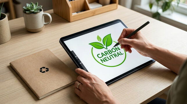 A hand drawing carbon neutral eco logo on digital tablet at desk