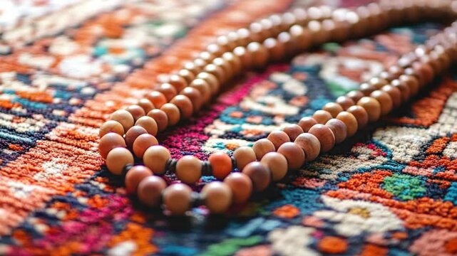 A beaded necklace resting on a colorful oriental rug with intricate patterns. The necklace features multiple strands of beads in varying colors and sizes.