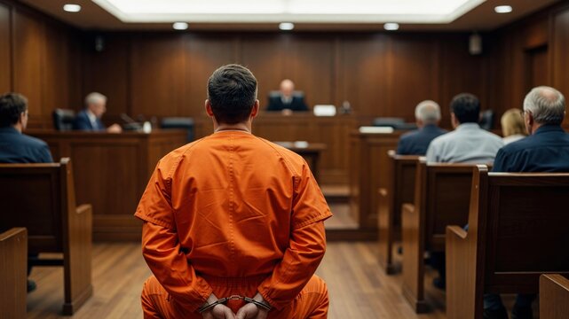 A handcuffed prisoner in orange jumpsuits sits in a courtroom, facing the judge and the gallery.