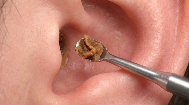 A close-up view of a metal tool removing a large piece of hardened earwax from an human ear canal.