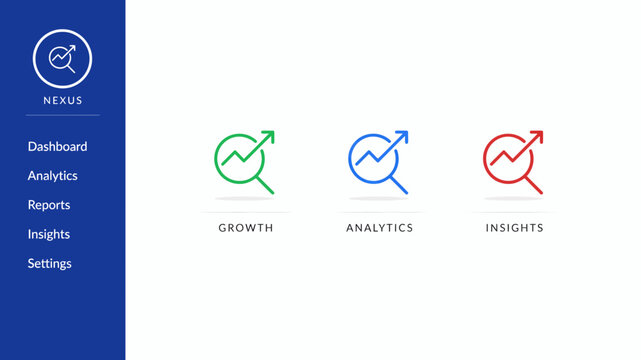 Modern business dashboard interface design featuring growth analytics and insights icons with a clean blue sidebar navigation menu for professional corporate data management software