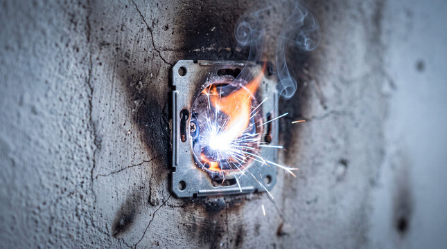 A dangerous electrical short circuit inside a wall socket, emitting bright sparks and smoke, indicating a fire hazard or faulty wiring in a residential building.