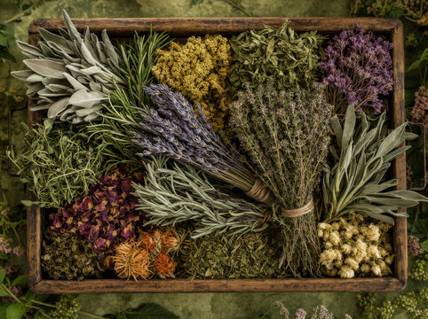 tray of dried herbs
