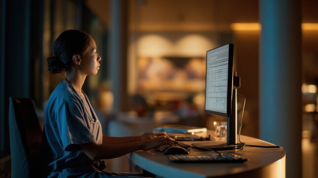 Focused view of a nurse entering patient data at a sleek computer terminal on a circular hub with dimmed lighting suggesting the calm of an evening shift.
