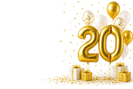 20th anniversary celebration background with golden foil balloons number 20, gift boxes and confetti on white background with copy space.