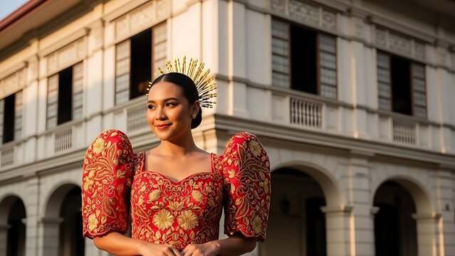 A woman in traditional Filipino attire, a vibrant red and gold intricately patterned terno with puffed sleeves, stands gracefully in front of a stately colonial building with arched windows.