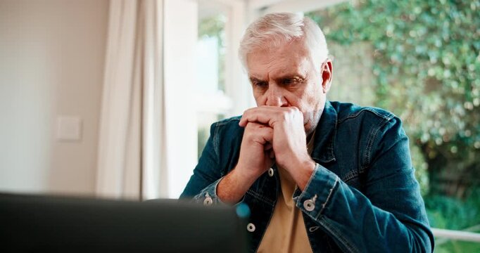 Home office, financial crisis and man with laptop, thinking or accountant with stress after mistake. Remote work, bookkeeping and mature person with tech, decision fatigue and tax burnout in house