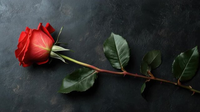 Beautiful close-up of a single red rose in full bloom, surrounded by vibrant green leaves.