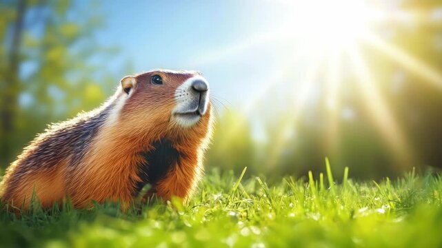 Close-up of a cute brown ground squirrel sitting on grass.