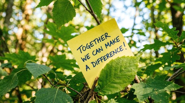 Bright yellow message board attached to tree branches in lush green forest canopy with handwritten sign uplifting branch surrounded vibrant