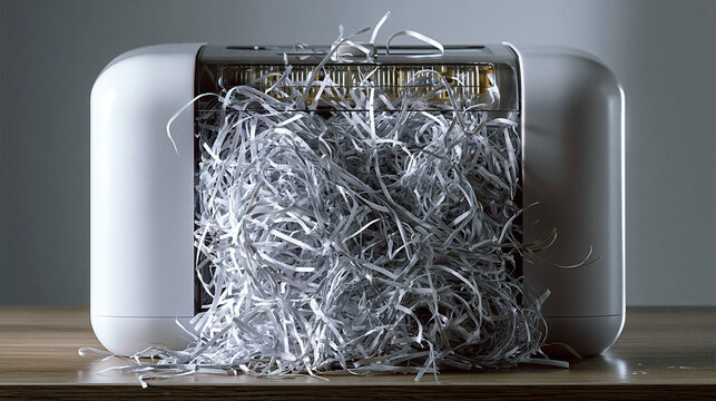 Paper shredder overflowing with shredded paper on a wooden surface. Paper shredder overflowing with strips