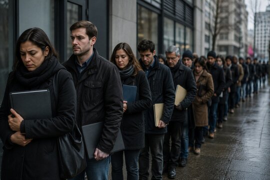 Diverse group of unemployed professionals standing in a long outdoor queue waiting for job opportunities during an economic crisis