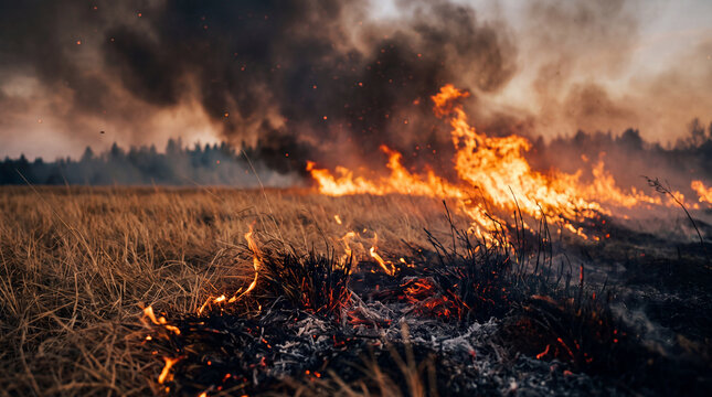 A dramatic view of a destructive wildfire sweeping across a dry grassy field, with intense flames and thick clouds of dark smoke rising into the sky.