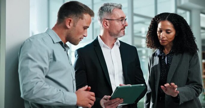 Finance, review or people in firm with tablet, funding ideas or collaboration with pitch discussion. Digital, team or investors with tech, budget feedback or proposal plan in partnership briefing.