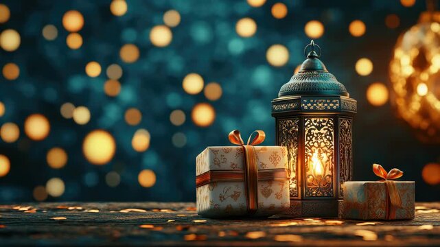 A warmly lit lantern is surrounded by beautifully wrapped Christmas gifts with twinkling lights in the background.
