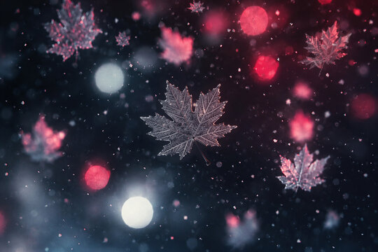 Maple leaf shaped snowflake falling at night.