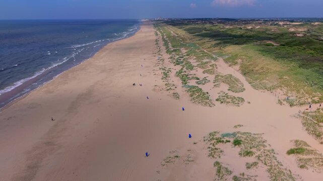 Aerial view video clip of Katwijk aan Zee coastline in Netherlands, featuring wide sandy beach, grassy dunes, and North Sea waves under bright sunlight