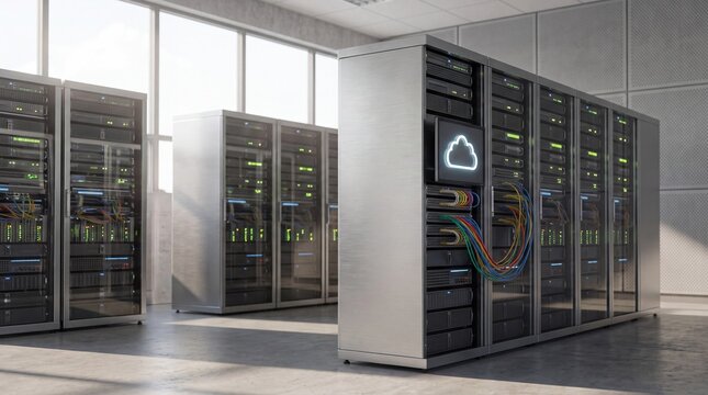 Modern server room with cloud computing racks. Data center infrastructure for digital storage.