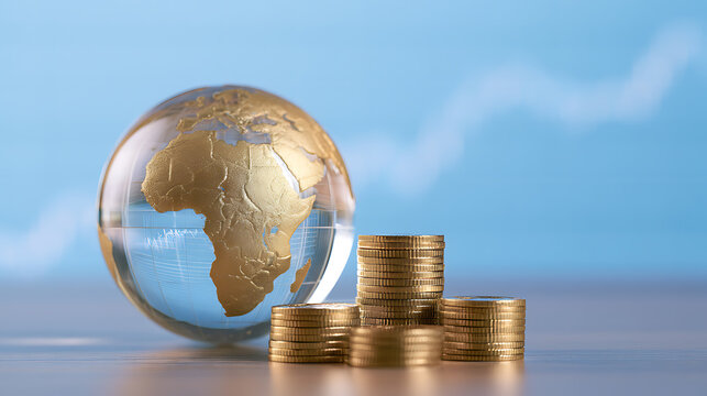 Global financial growth represented by a crystal earth globe and stacks of gold coins, symbolizing wealth and worldwide economic development