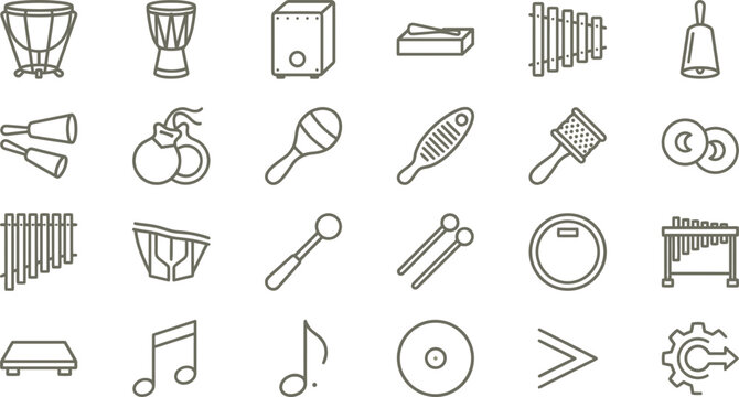 Musical percussion instrument vector icon set featuring detailed outline designs for professional creative audio production projects