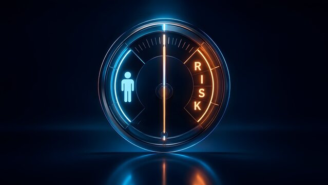 Futuristic digital gauge meter indicating balance between human factor and business risk with glowing neon interface