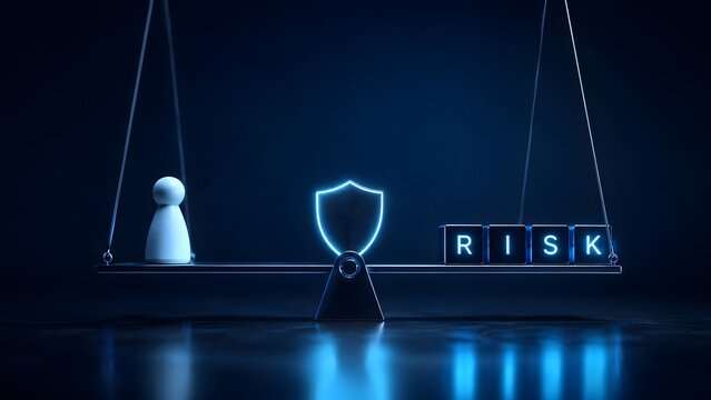 Conceptual balance scale weighing human figure against risk blocks with central glowing security shield for business protection