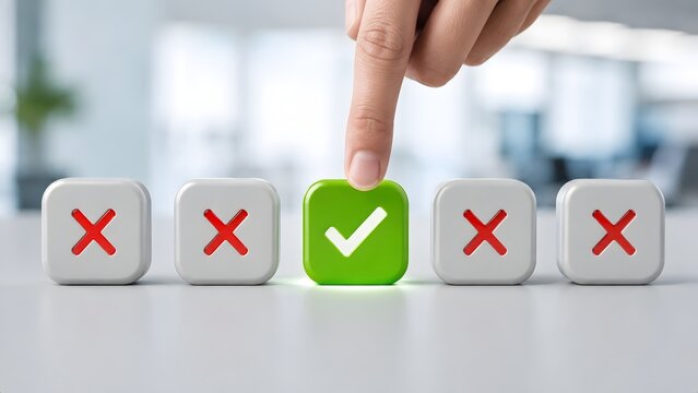 Finger pressing a green glowing check mark button among grey red cross buttons symbolizing approval and correct choice