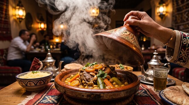 Traditional Moroccan tagine revealed with aromatic steam, tender lamb and rich spices in an authentic premium dining experience.